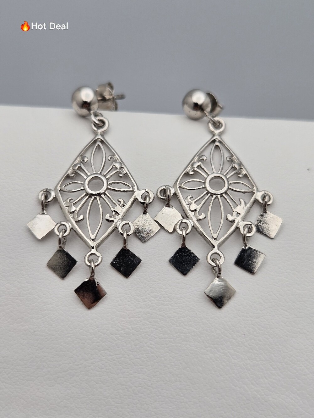 Vintage Style Sterling Silver Filigree Dangle Earrings Moroccan Boho Floral 1.5"